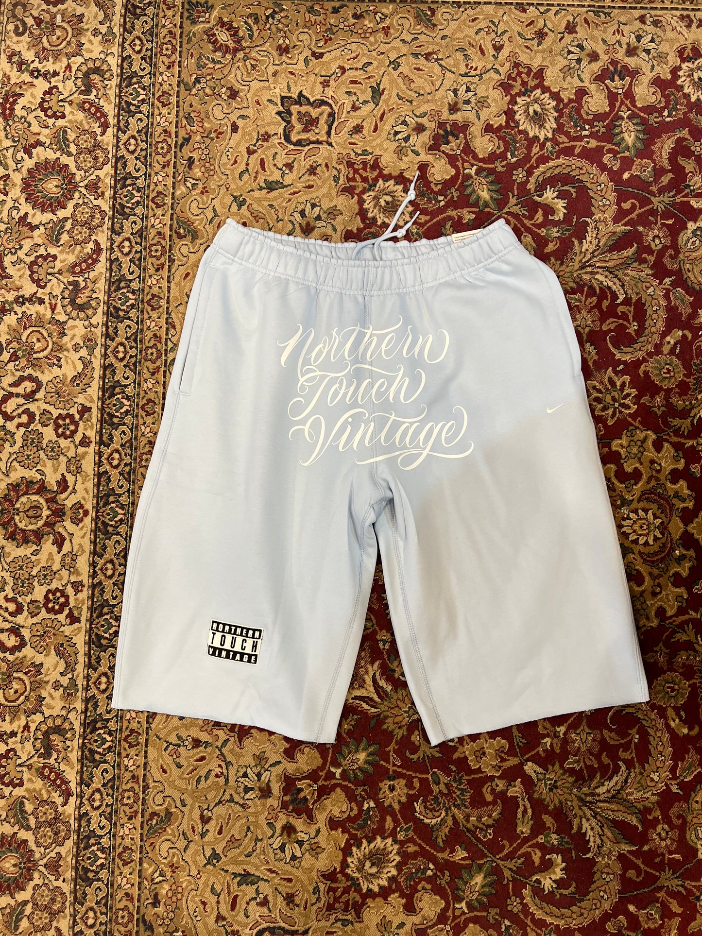 Custom Hand Cropped Northern Touch Vintage Long Shorts (Baby Blue)
