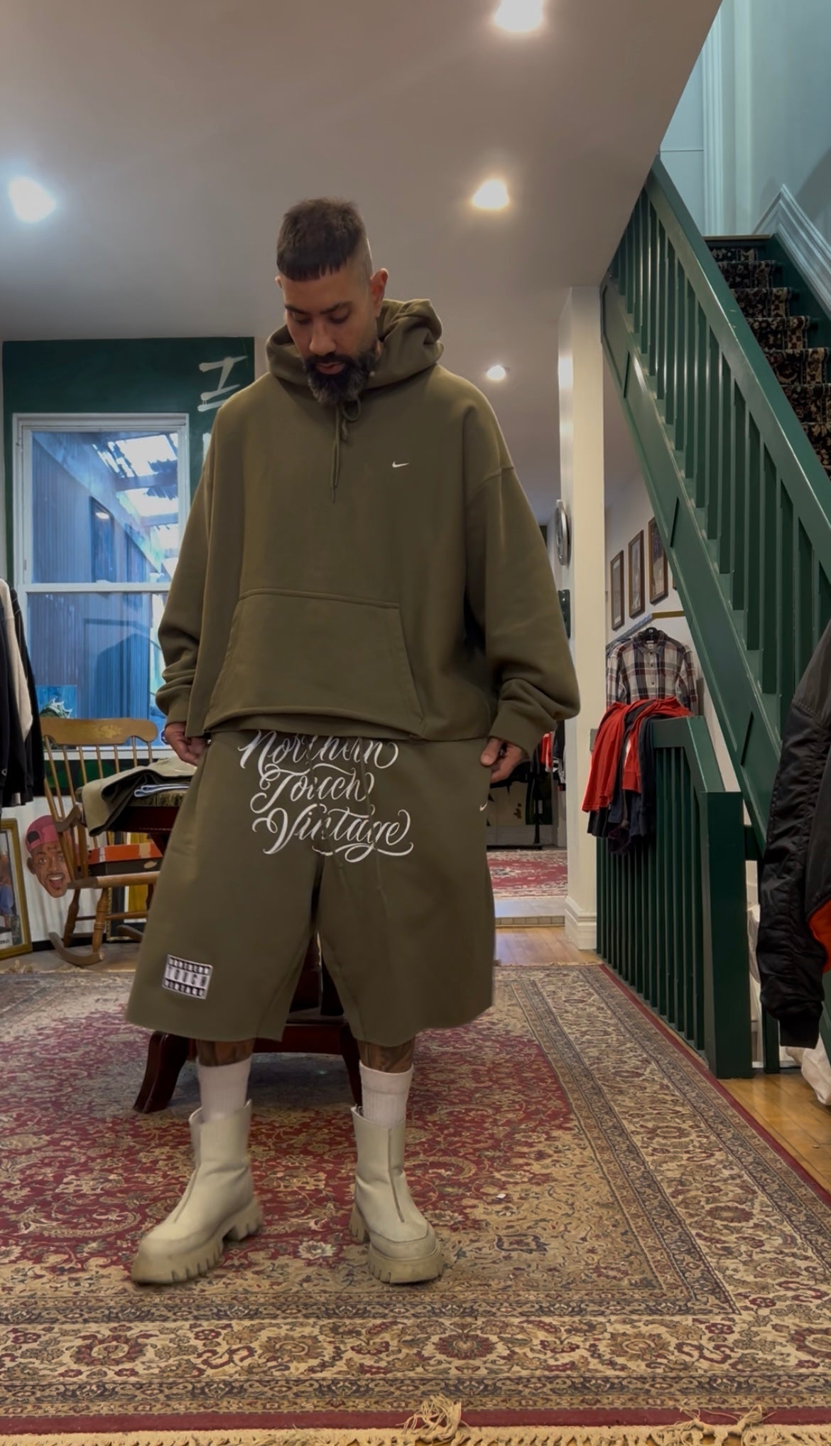 Custom Hand Cropped Northern Touch Vintage Long Shorts (Army Green)