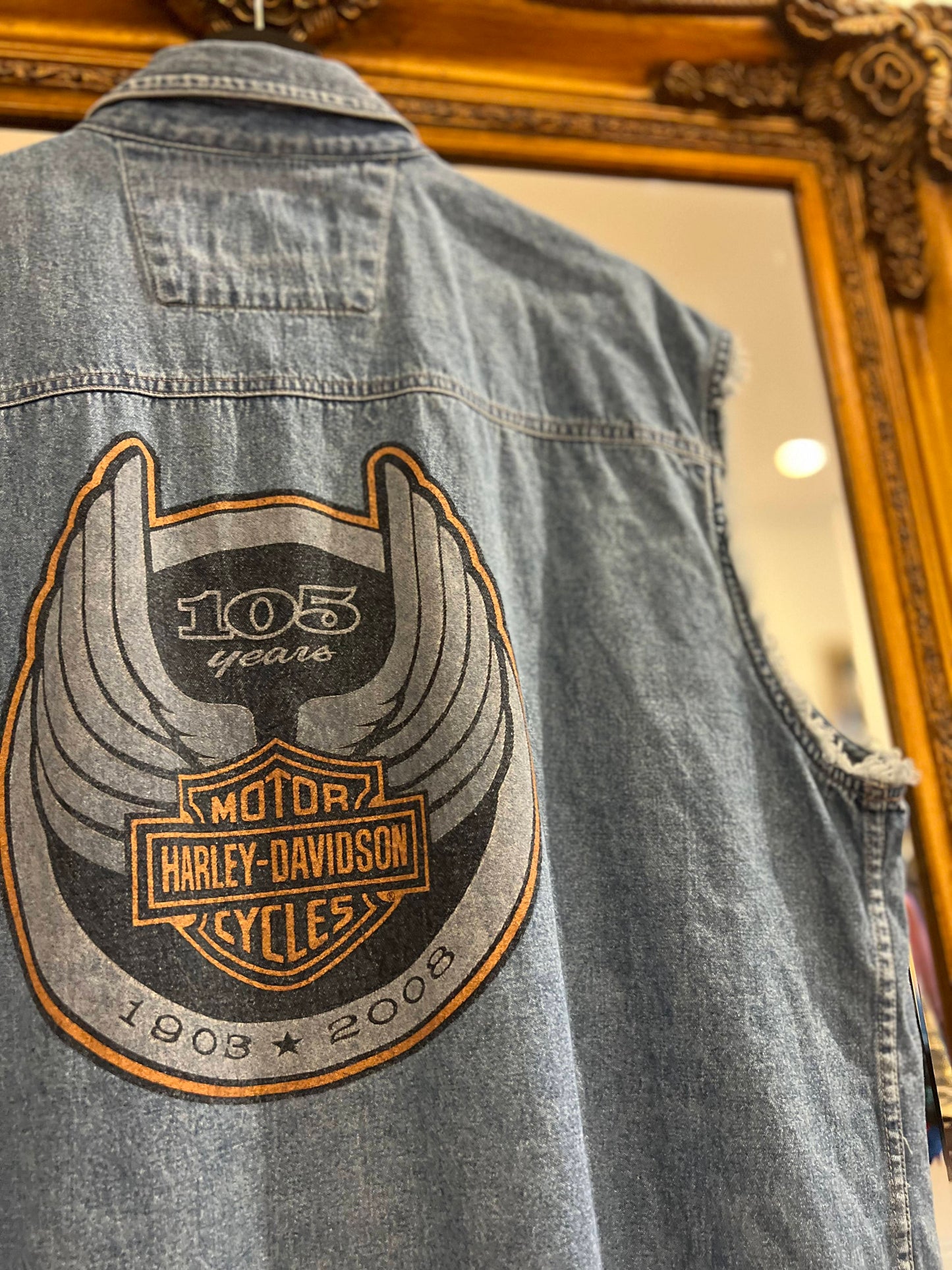 Vintage Harley Davidson Cut-Off Denim Shirt (XL)